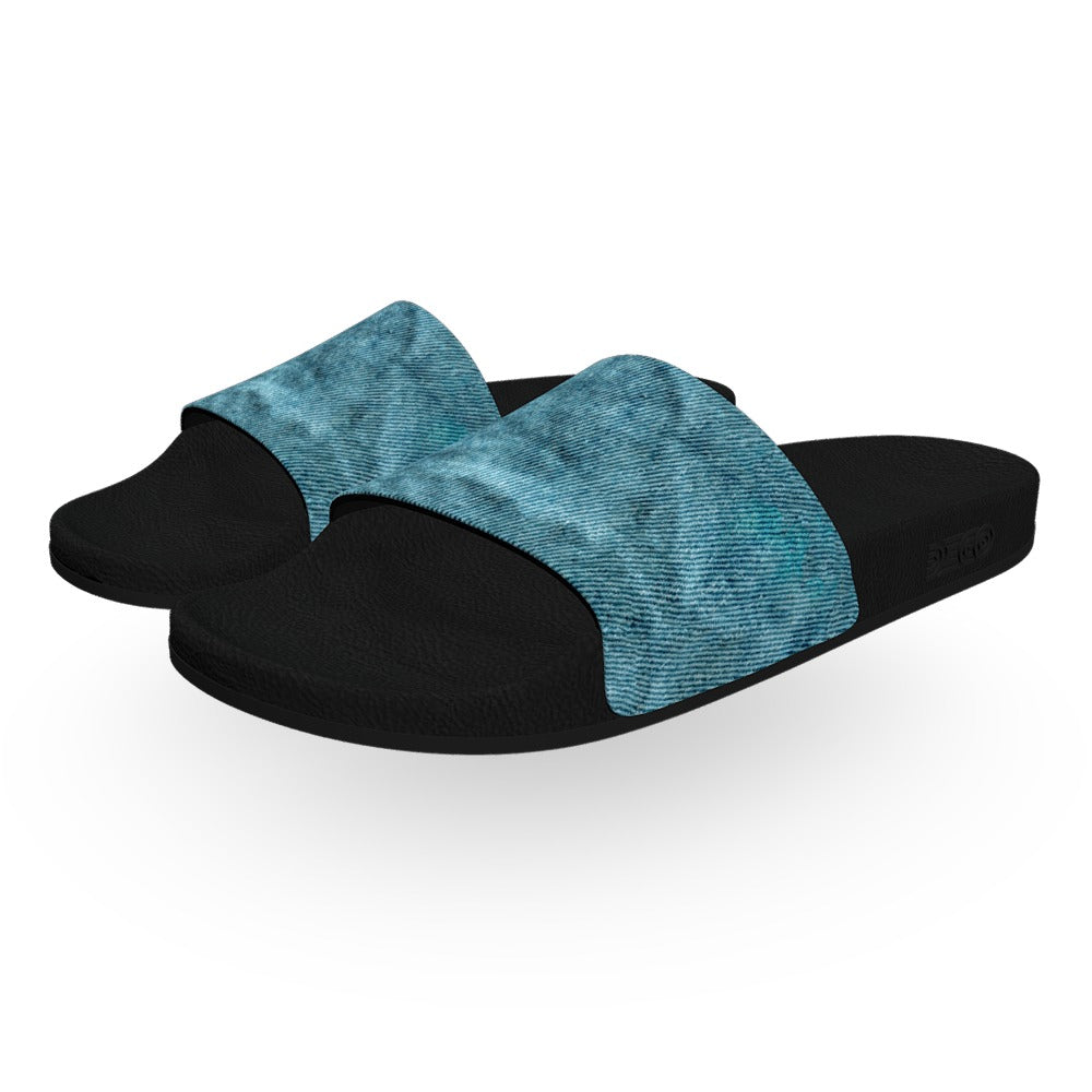 Wrinkled Teal Denim Slide Sandals