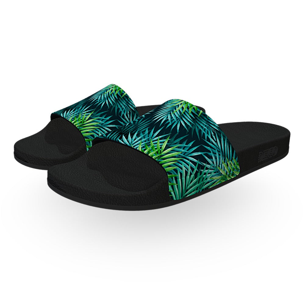 Green and Blue Tropical Leaves Slide Sandals Deco Slides
