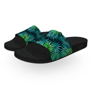 Green and Blue Tropical Leaves Slide Sandals