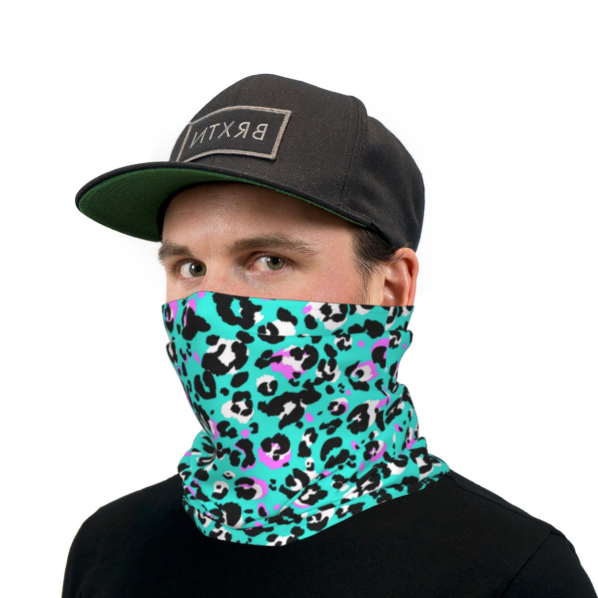 Turquoise Black and Pink Leopard Print Neck Gaiter Face Mask & Deco Slides