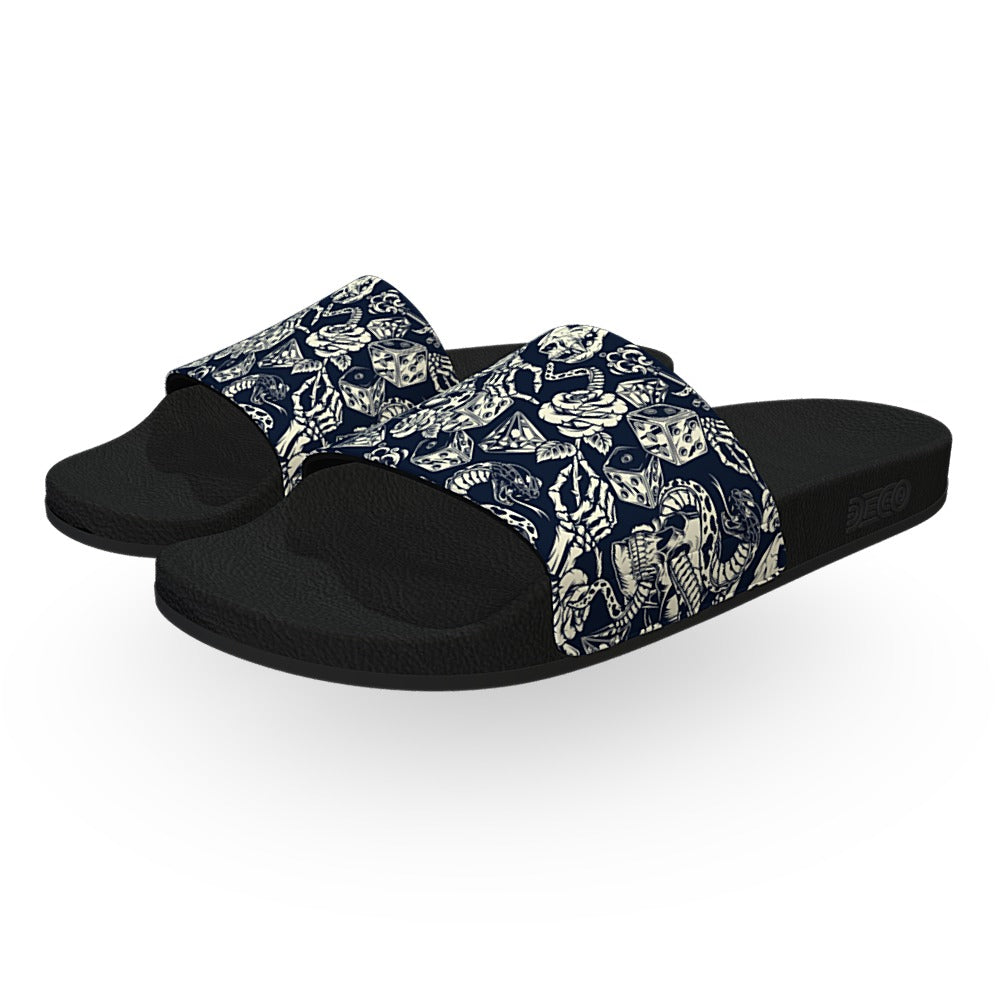 Blue Skulls Snakes and Dice Slide Sandals