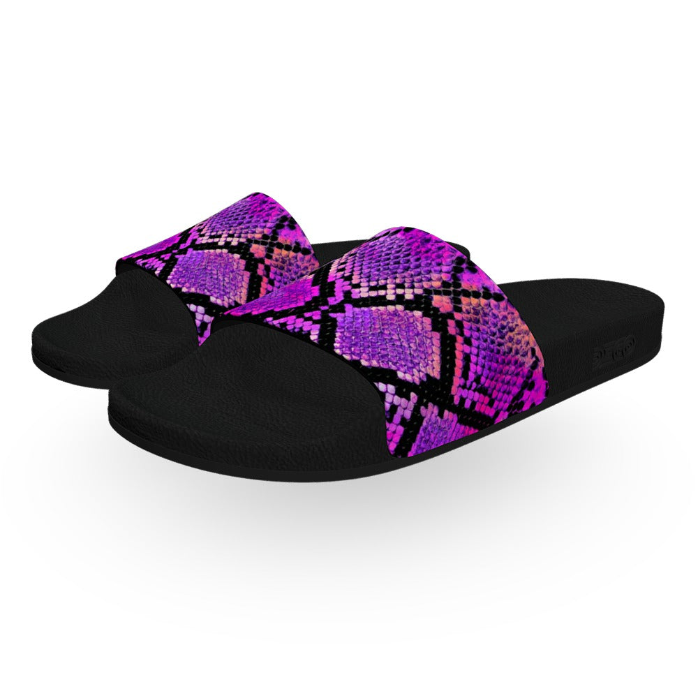 Neon Purple Snake Print Slide Sandals