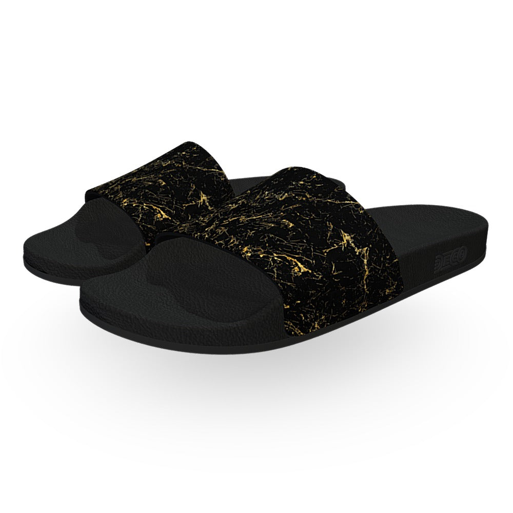 Distressed Black and Gold Slide Sandals