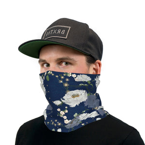 Blue and White Japanese Roses Neck Gaiter Face Mask