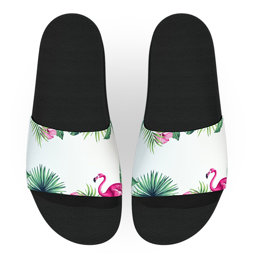 Tropical Leaves and Pink Flamingos Slide Sandals