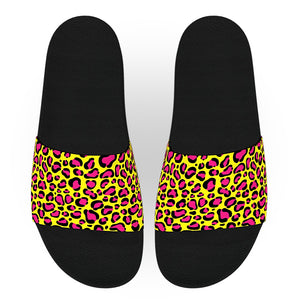 Yellow and Pink Leopard Print Slide Sandals