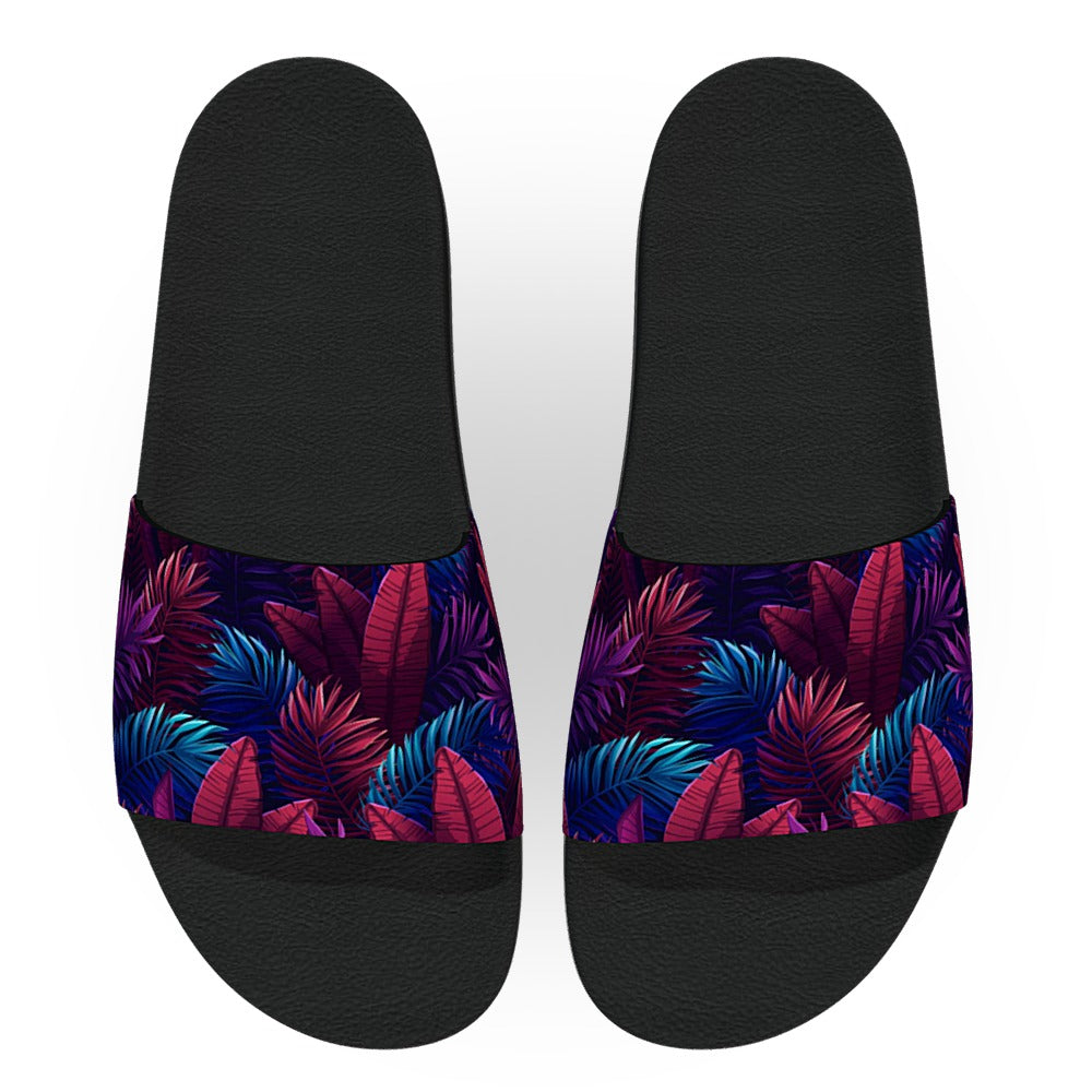 Blue Red and Purple Tropical Leaves Slide Sandals