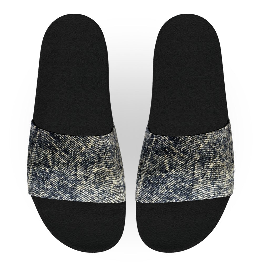 Black Acid Wash Denim Slide Sandals