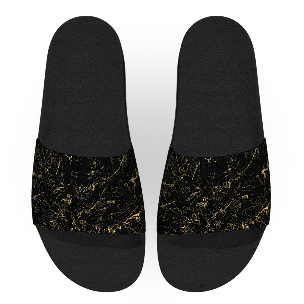 Distressed Black and Gold Slide Sandals