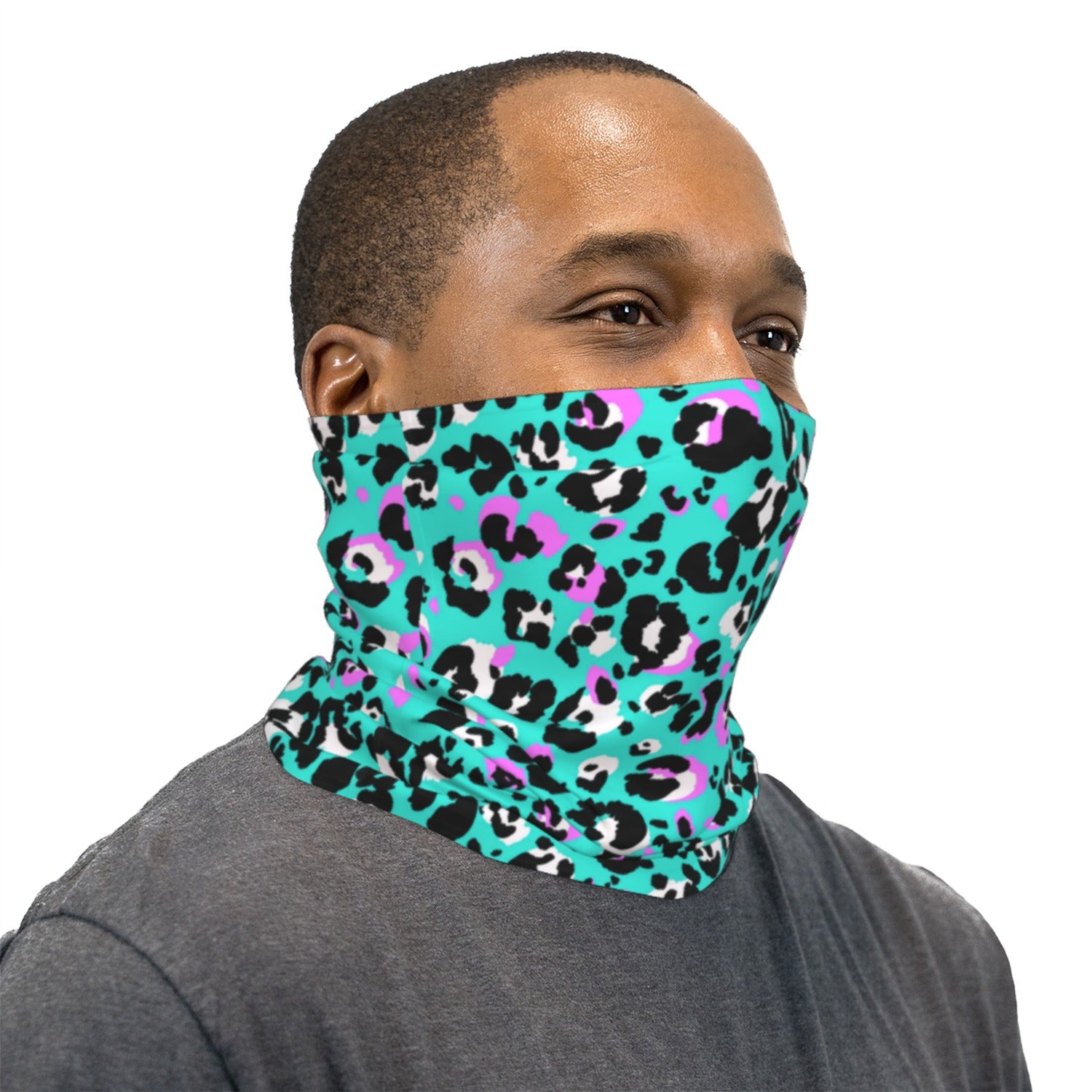 Turquoise Black and Pink Leopard Print Neck Gaiter Face Mask