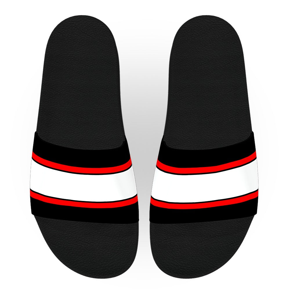 Black, Red, and White Center Stripe Slide Sandals