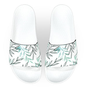 White and Green Tropical Leaves Slide Sandals