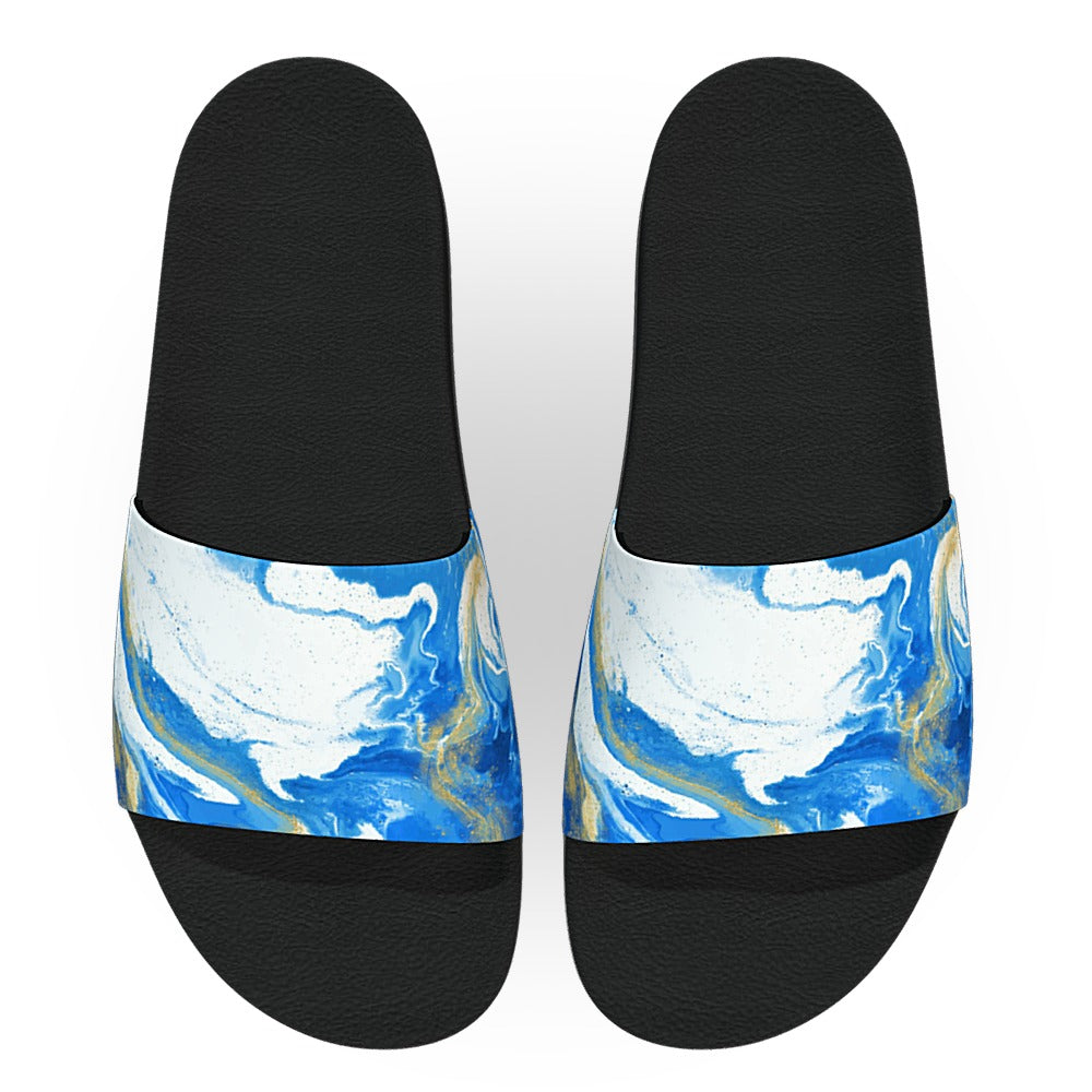 Blue and Gold Marble Drip Slide Sandals