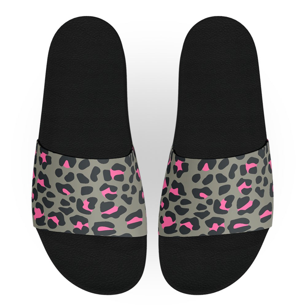 Grey and Pink Leopard Print Slide Sandals