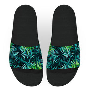 Green and Blue Tropical Leaves Slide Sandals