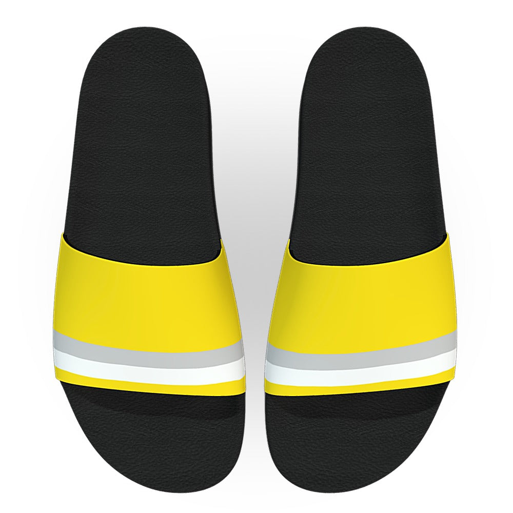 Yellow Gray and White Track Stripe Slide Sandals