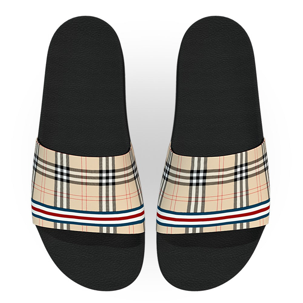 Beige Plaid Track Stripe Slide Sandals | Deco Slides display picture 1