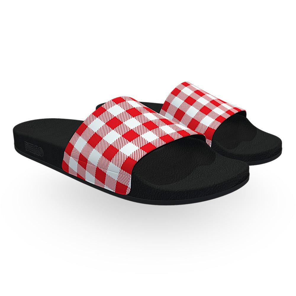 Red and White Checkered Slide Sandals
