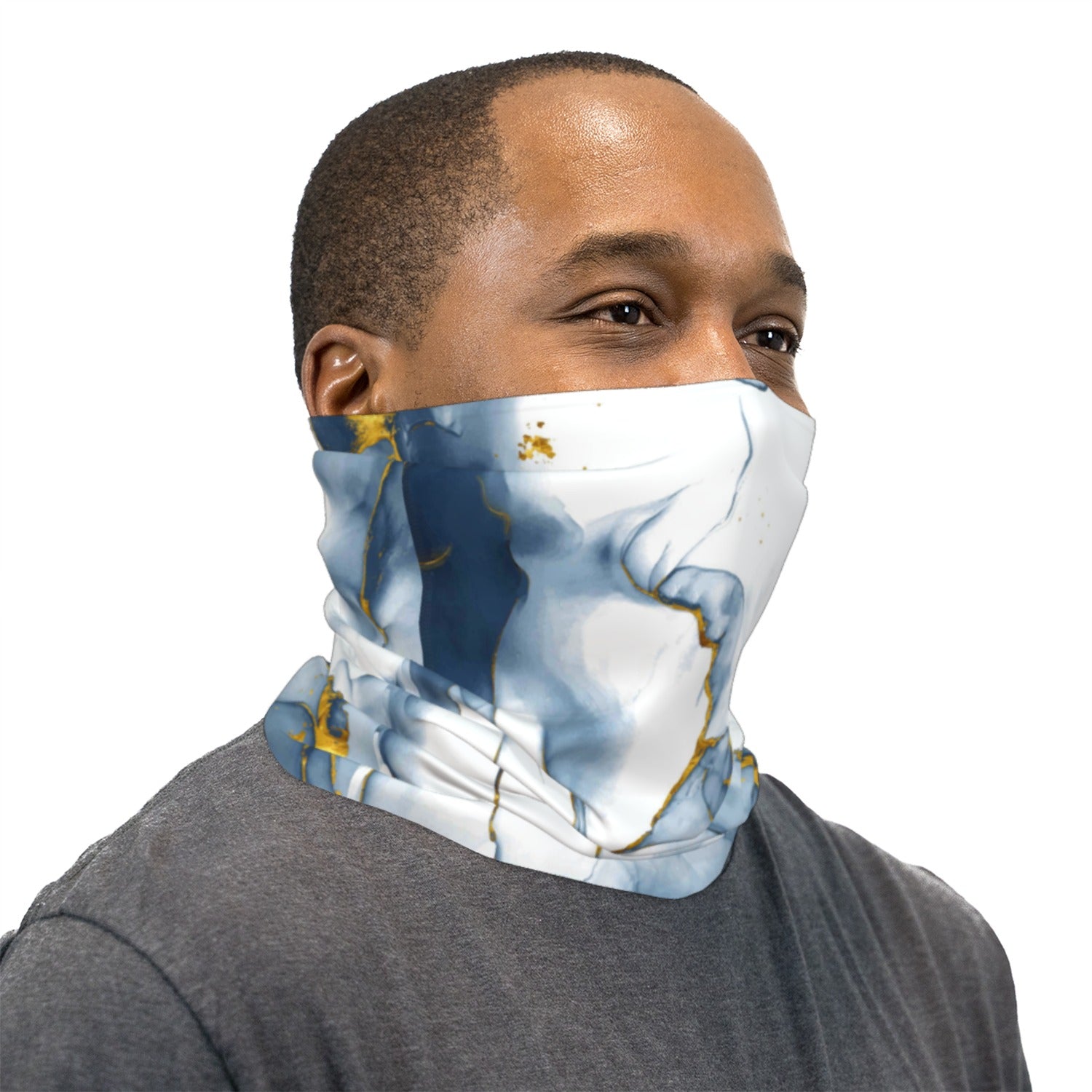 Blue White and Gold Marble Neck Gaiter Face Mask