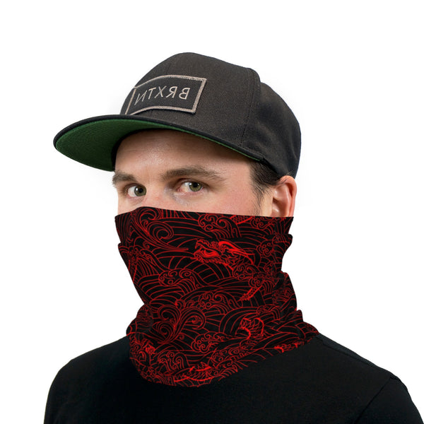 Red Gaiter Mask Black And Red Japanese Dragon Neck Gaiter Face Mask & Deco Slides