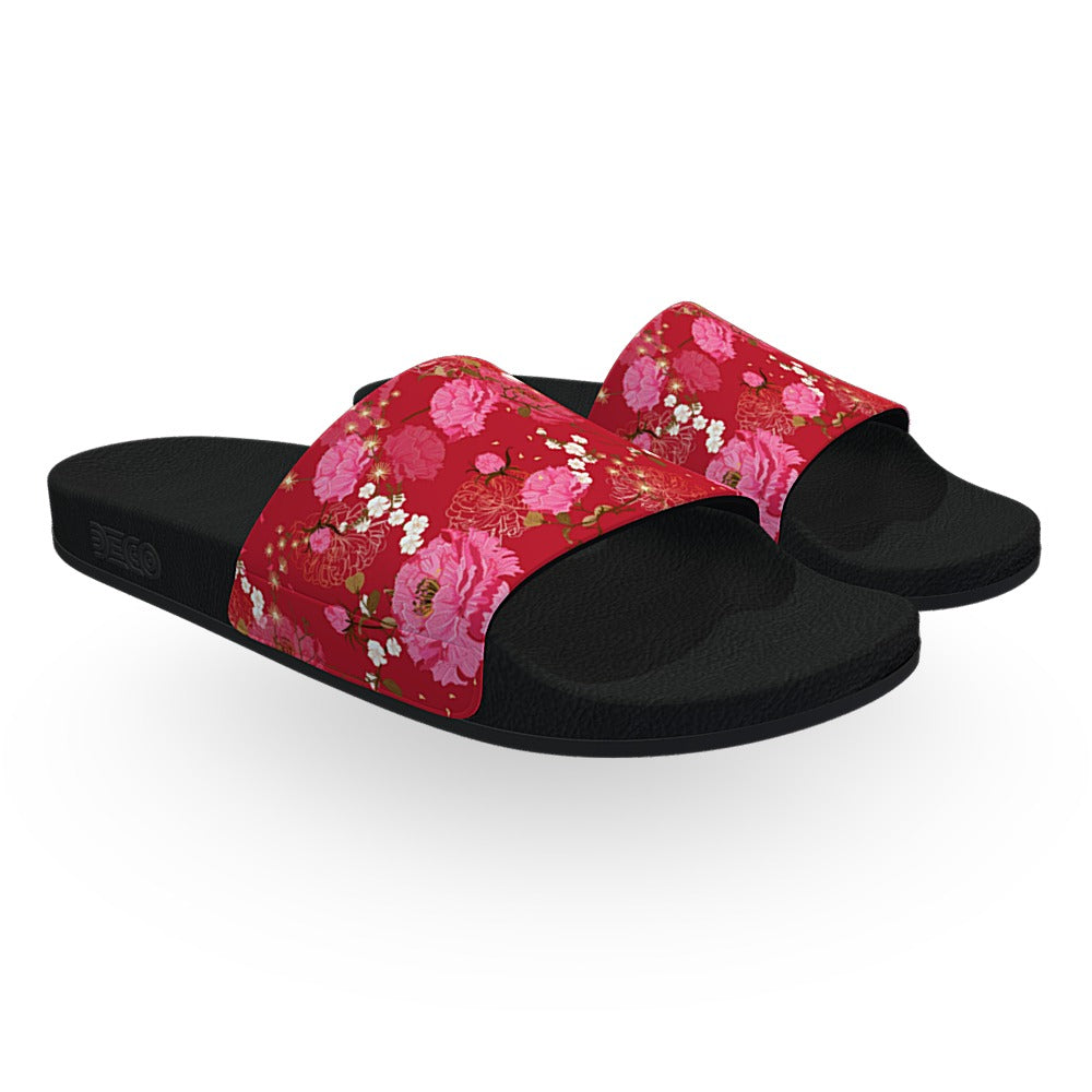 Red Japanese Flowers Slide Sandals