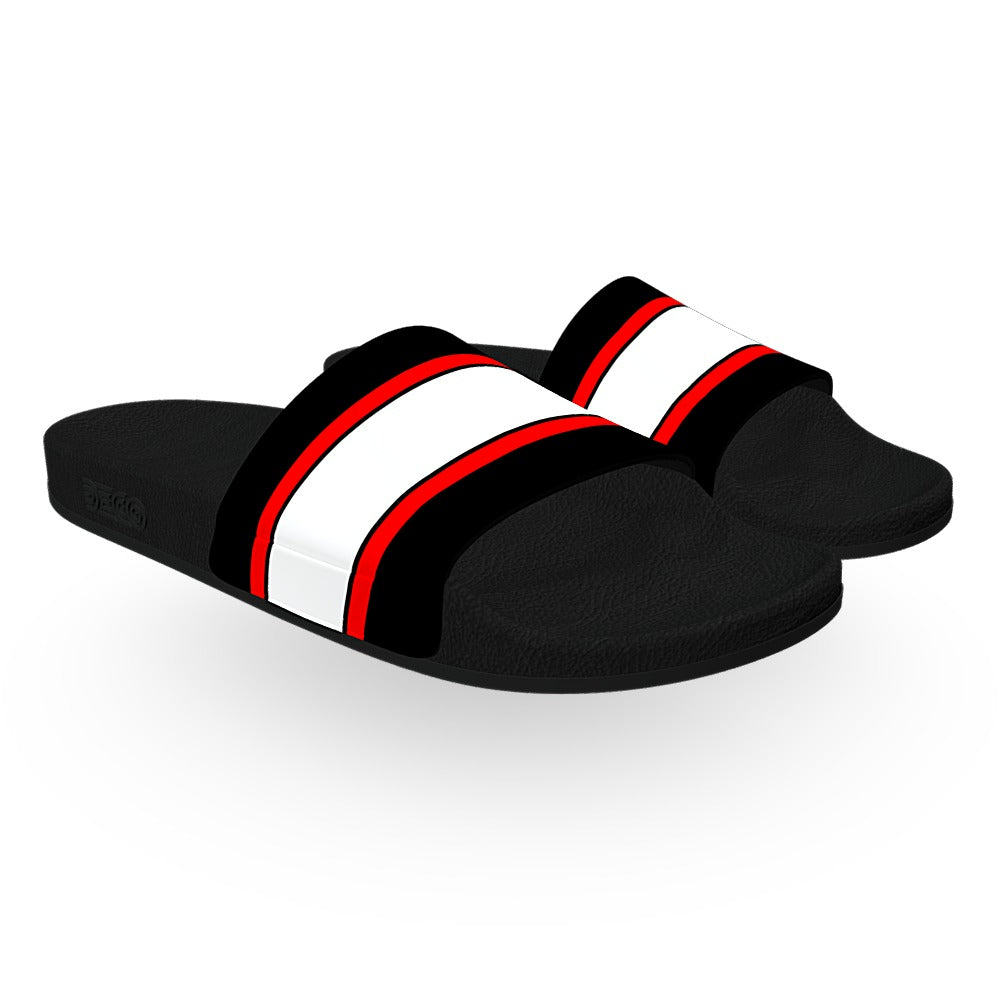 Black, Red, and White Center Stripe Slide Sandals