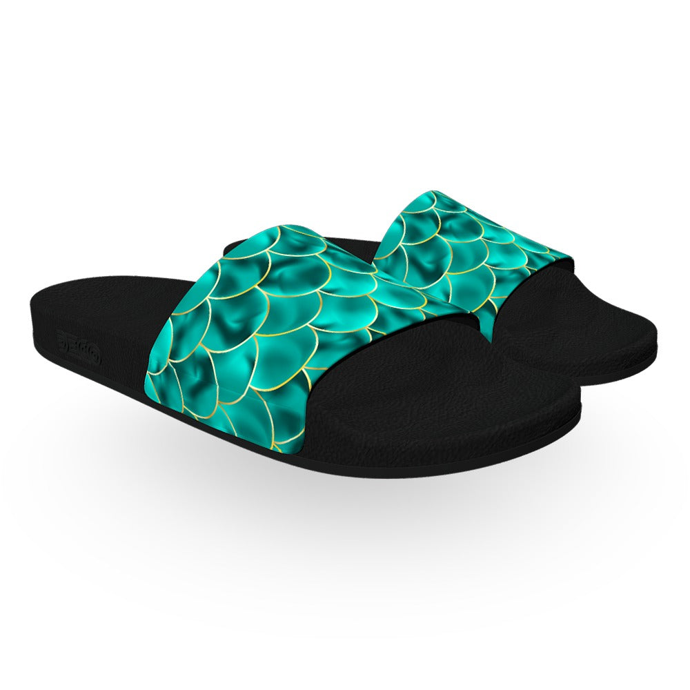 Emerald and Gold Fish Scales Slide Sandals