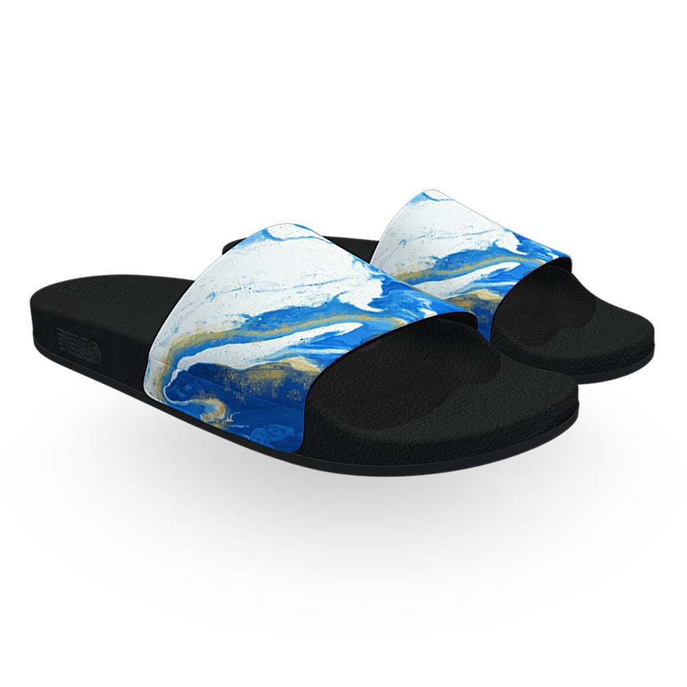 Blue and Gold Marble Drip Slide Sandals