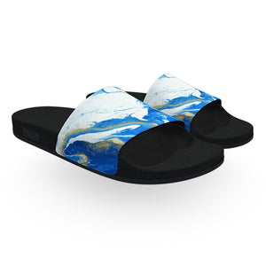 Blue and Gold Marble Drip Slide Sandals