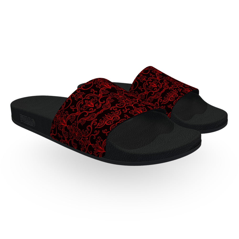 Black and Red Damask Pattern Slide Sandals