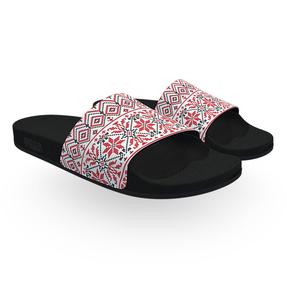 White Red and Black Snowflake Sweater Slide Sandals