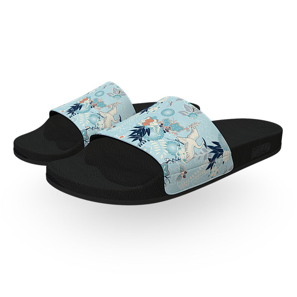 Blue Japanese Herons Print Slide Sandals