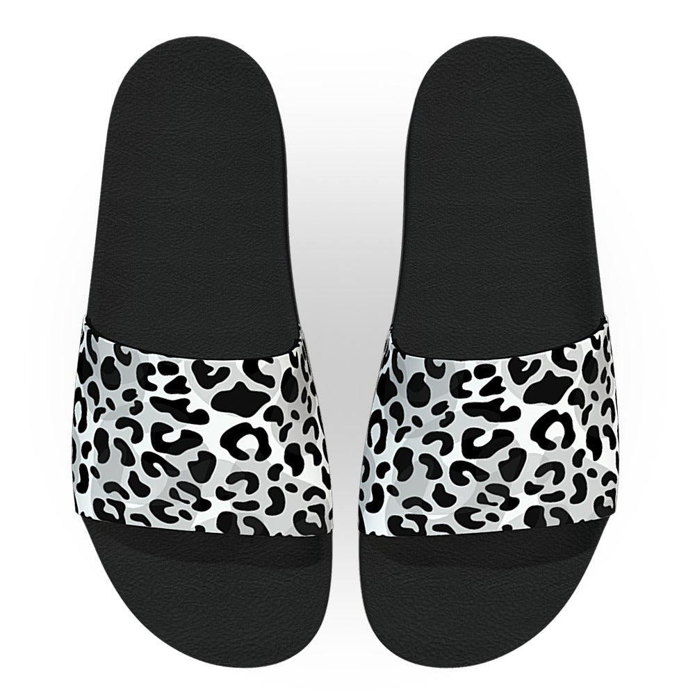 White Black and Gray Snow Leopard Print Slide Sandals Deco Slides