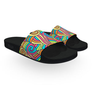 Yellow Pink and Blue Abstract Drawing Slide Sandals
